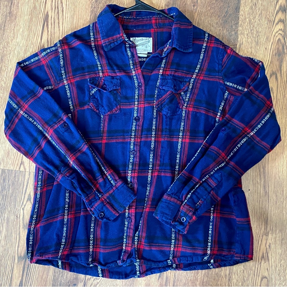 OverDrive Clothing Vibrant Blue with Red & White Striped Flannel- Women’s XL